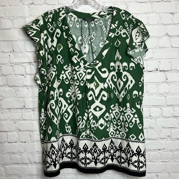 Haute Hippie Green Ikat Printed Flutter Sleeve Blouse - Picture 1 of 13